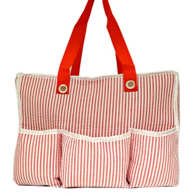 32688-RED SEER SUCKER DIAPER BAG / W 5 POCKETS