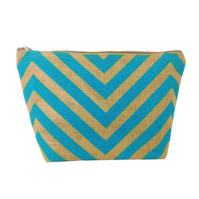 7 - BLUE & TAN CHEVRON JUTE POUCH BAG