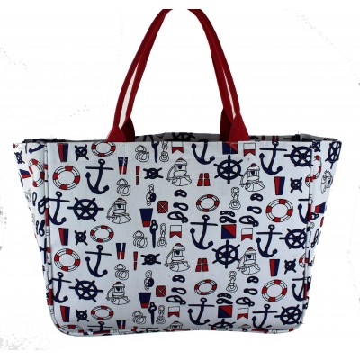 9218- MULTI ANCHOR CANVAS TOTE RED HANDLE BAG