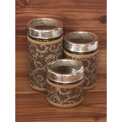 32745-BROWN- 3 PCS JAR SET W/CLEAR SILVER LID