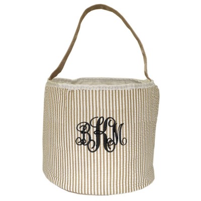 6002 - BEIGE SEER SUCKER ROUND BASKET