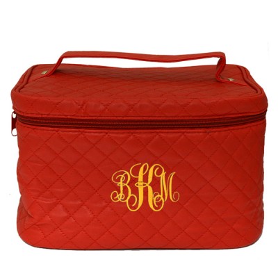 6005 - RED LEATHER QUILTED COSMETIC / MAKEUP BAG