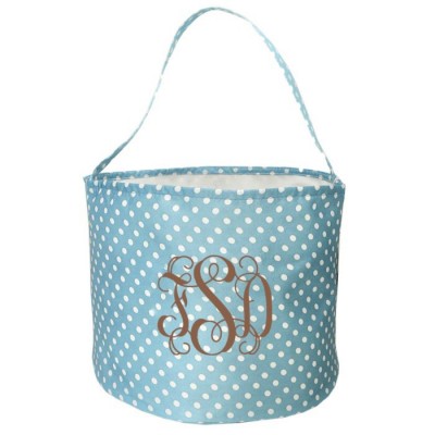 6007 - AQUA/WHITE POLKA DOTS ROUND FABRIC BASKET