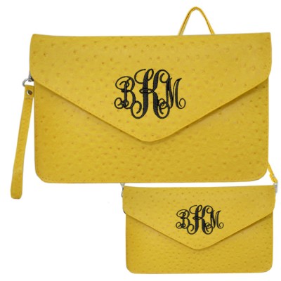 6012 - YELLOW OSTRICH LEATHER CLUTCH / CROSS BODY / SHOULDER BAG