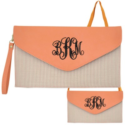 6024 - CORAL SEER SUCKER LEATHER CLUTCH / CROSS BODY / SHOULDER BAG