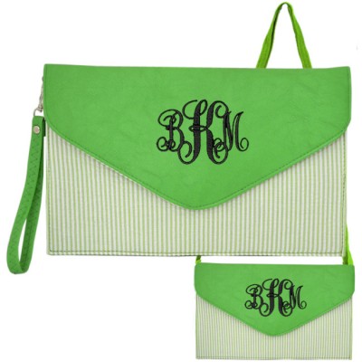 6024 - GREEN SEER SUCKER LEATHER CLUTCH / CROSS BODY / SHOULDER BAG