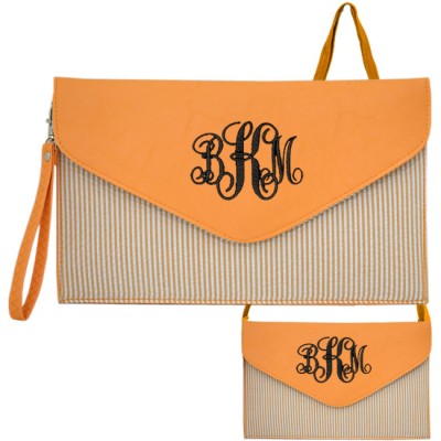 6024 - ORANGE SEER SUCKER LEATHER CLUTCH / CROSS BODY / SHOULDER BAG