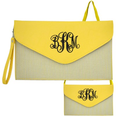 6024 - YELLOW SEER SUCKER LEATHER CLUTCH / CROSS BODY / SHOULDER BAG