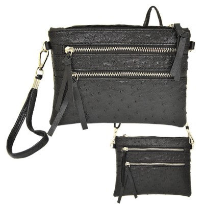9039B - BLACK OSTRICH CROSSBODY MESSENGER BAG