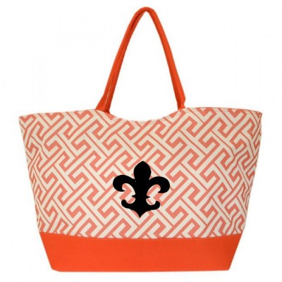 32528FDL-CORAL GREEK KEY DESIGN SHOPPING OR BEACH BAG(SMALL) W/ FDL