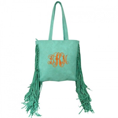 9032 - AQUA PU LEATHER FRINGE TOTE HANDBAG