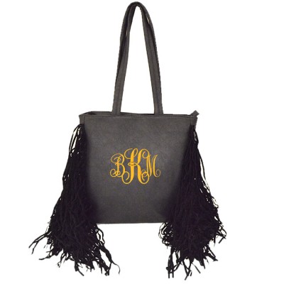 9032 - BLACK PU LEATHER FRINGE TOTE HANDBAG