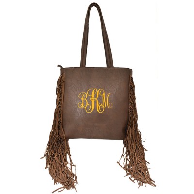 9032 - DARK BROWN PU LEATHER FRINGE TOTE HANDBAG