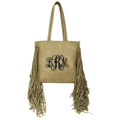 9032 - TAUPE PU LEATHER FRINGE TOTE HANDBAG