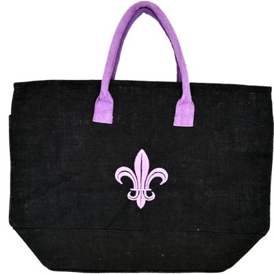 16-BK-PL-BLACK JUTE BAG W/PURPLE FLEUR DE LIS