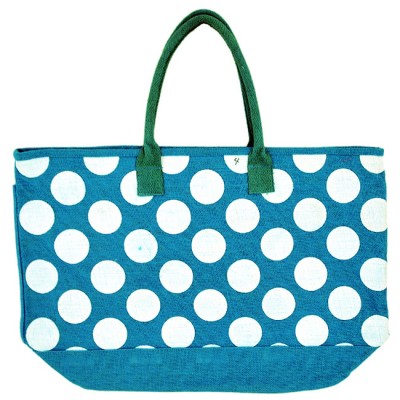 4AQWT-AQUA JUTE BAG W/WHITE DOTS