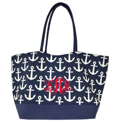 32645-NAVY MULTI ANCOR DESIGN SHOPING BAG/ BEACH BAG