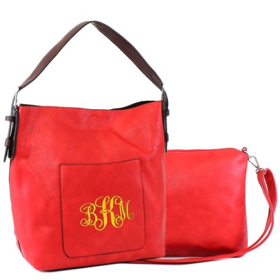 9031 - CORAL PU 2PC LEATHER HANDBAG  W/RED SHOULDER BAG