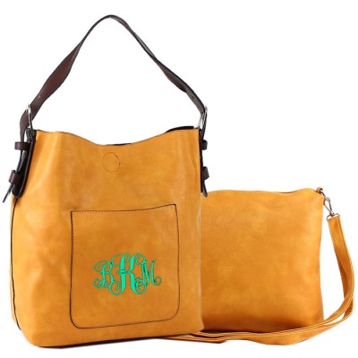 9031 - MUSTARD  PU 2PC LEATHER HANDBAG  W/BLACK SHOULDER BAG