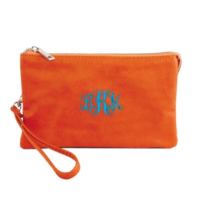 9065- ORANGE PU LEATHER TRI POCKET CLUTCH / CROSS BODY BAG