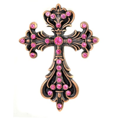 7017-COPPER FDL WALL CROSS W/PINK STONE