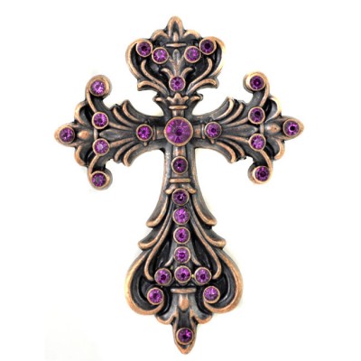 7017-COPPER FDL WALL CROSS W/PURPLE STONE