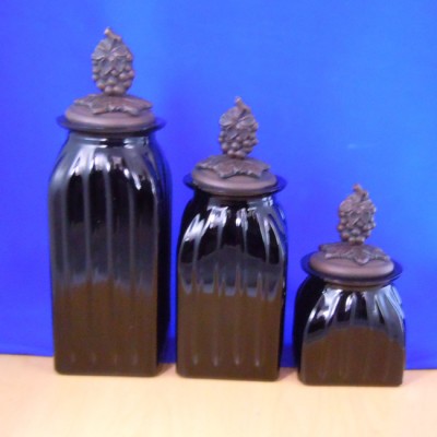 40074BLACK - SQUARE MEDIUM BLACK CANISTER SET / W COPPER GRAPE LIDS