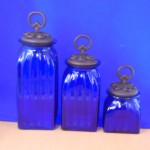 40074BLUE - SQUARE MEDIUM BLUE CANISTER SET / W COPPER RING LIDS