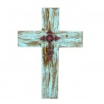 1238-FDL - TURQUOISE METAL WALL CROSS W/ PINK CRYSTAL FLEUR DE LIS