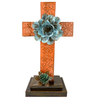 ORANGE STANDING CROSS DAMASK DESIGN / TURQUISE FLOWER (METAL) - BOTTOM FLOWER AVAILABLE IN DIFFERENT COLORS
