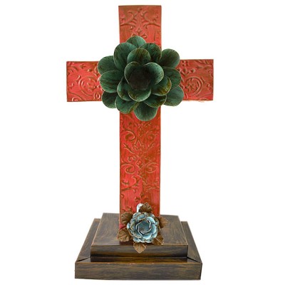 RED STANDING CROSS DAMASK DESIGN W/ ORANGE FLOWER (METAL) - BOTTOM FLOWER AVAILABLE IN DIFFERENT COLORS
