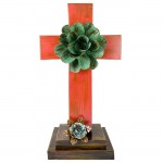 RED STANDING CROSS W/ GREEN FLOWER (METAL) - BOTTOM FLOWER AVAILABLE IN DIFFERENT COLORS