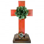 RED STANDING CROSS W/ GREEN FLOWER (METAL) - BOTTOM FLOWER AVAILABLE IN DIFFERENT COLORS