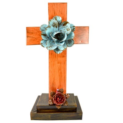 ORANGE STANDING CROSS W/TURQUOISE FLOWER (METAL) - BOTTOM FLOWER AVAILABLE IN DIFFERENT COLORS