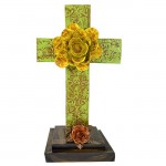 GREEN STANDING CROSS DAMASK DESIGN  W/YELLOW FLOWER - BOTTOM FLOWER AVAILABLE IN DIFFERENT COLORS