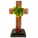 BROWN STANDING  CROSS W/GREEN FLOWER (METAL) - BOTTOM FLOWER AVAILABLE IN DIFFERENT COLORS
