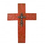 1257-FDL-CL- DAMASK RED METAL CROSS W/ CLEAR CRYSTAL FLEUR DE LIS