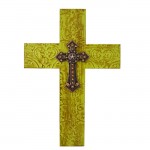 1258-CR-AM - DAMASK GREEN METAL CROSS W/ AMBER CRYSTAL STAR