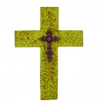 1258-FDL-PK - DAMASK GREEN METAL CROSS W/ PINK CRYSTAL FLEUR DE LIS