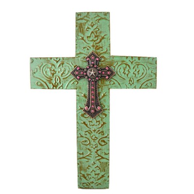 1259 - DAMASK MINT METAL CROSS W/ PINK CRYSTAL STAR