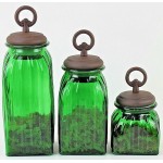 40074GREEN - SQUARE MEDIUM GREEN CANISTER SET / W COPPER RING LIDS