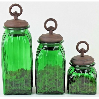40074GREEN - SQUARE MEDIUM GREEN CANISTER SET / W COPPER RING LIDS