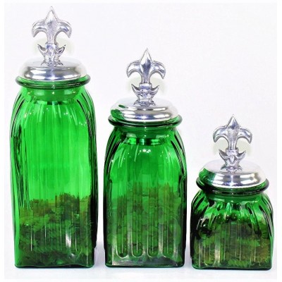 40074GREEN - SQUARE MEDIUM GREEN CANISTER SET / W SILVER FDL LIDS
