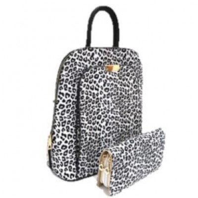 17193LT2-BLACK PU LEOPARD LEATHER MEDIUM BACKPACK WITH MATCHING WALLET
