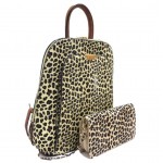 17193LT2-BROWN PU LEOPARD LEATHER MEDIUM BACKPACK WITH MATCHING WALLET
