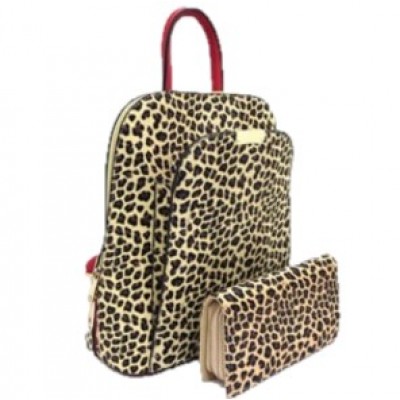 17193LT2-RED PU LEOPARD LEATHER MEDIUM BACKPACK WITH MATCHING WALLET