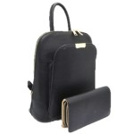 17193T2-BLACK PU LEATHER MEDIUM BACKPACK WITH MATCHING WALLET