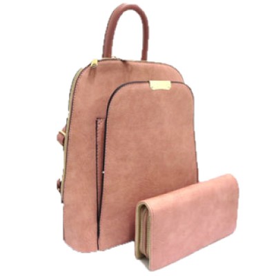 17193T2-BLUSH PINK PU LEATHER MEDIUM BACKPACK WITH MATCHING WALLET