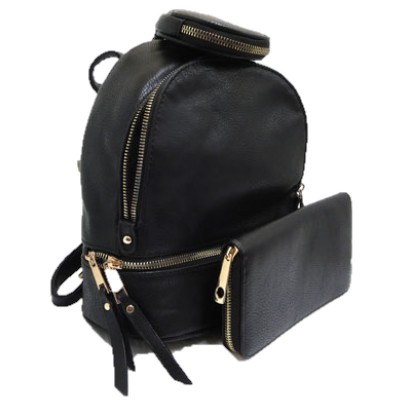 315P-BLACK PU LEATHER SMALL BACKPACK WITH A CROSSBODY AND MATCHING WALLET