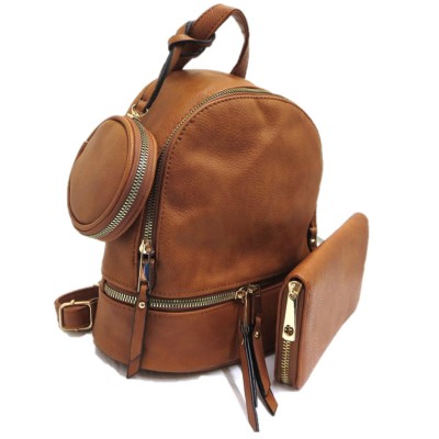 315P-BROWN PU LEATHER SMALL BACKPACK WITH A CROSSBODY AND MATCHING WALLET